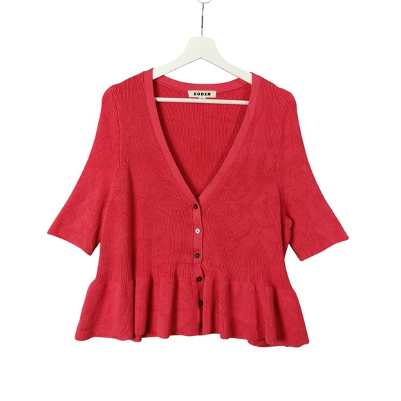 Boden Coral Peplum Chunky Knit Twee Cardigan Women XL Cotton Elbow Sleeve V-Neck - Picture 1 of 8